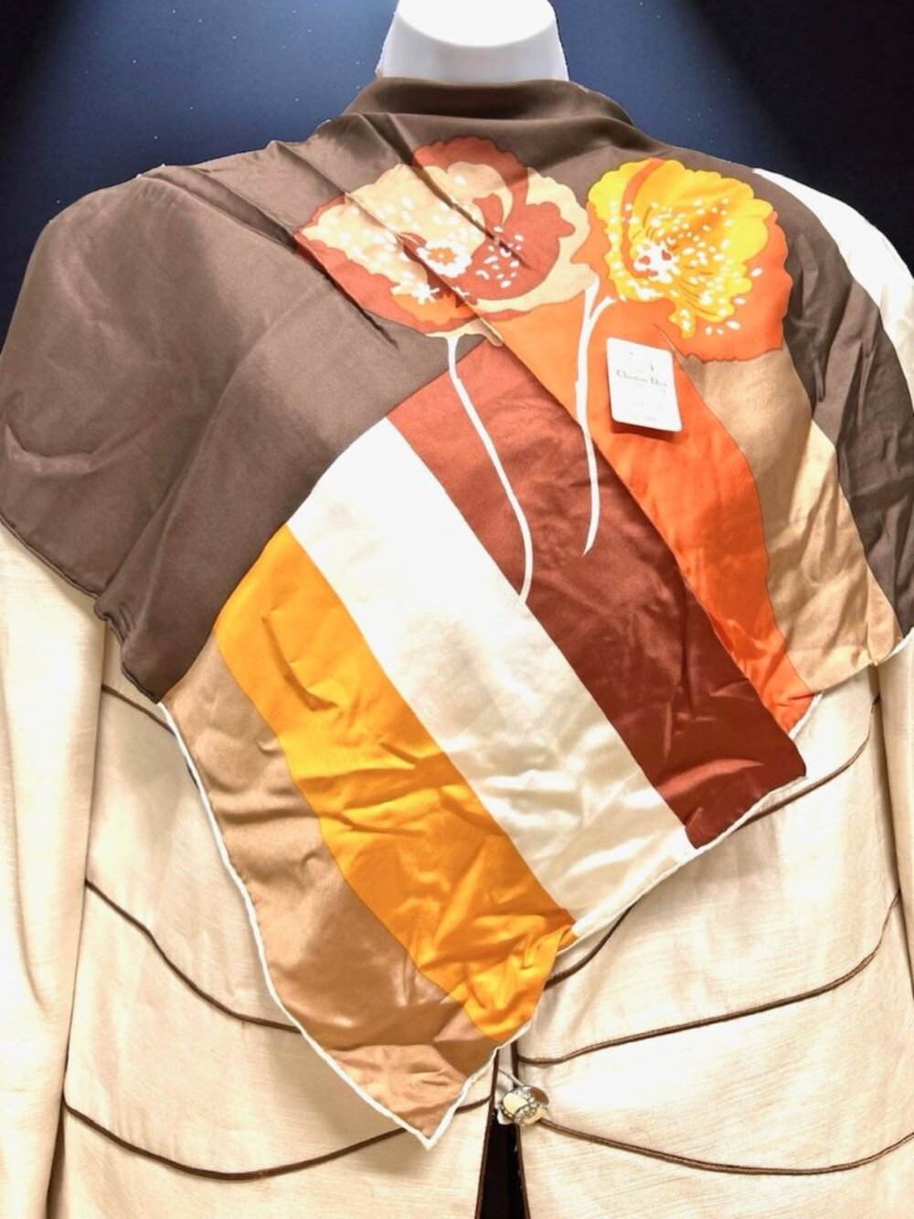 New-Christian Dior silk Satin Neck-kerchief 21" brown orange yeloow floral  (48